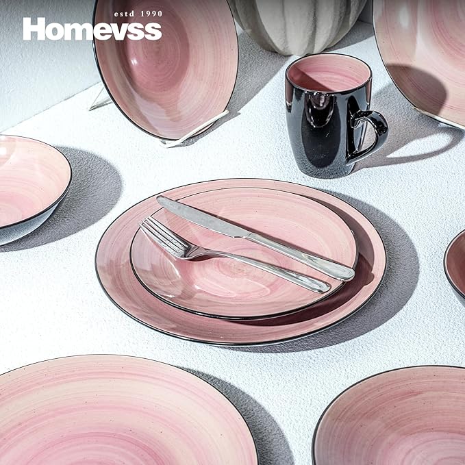 Sonoma Stoneware 16pc Dinnerware Set, Outside Black + Inside Hand Painting Rose