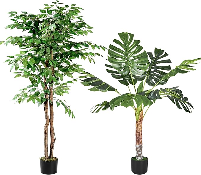 VECELO 2 Pack Fake Plants, Artificial Greenery Ficus Tree 5FT and Monstera Tree 4FT, Large Floor Plants for Home Decor, Indoor, Office, Living Room