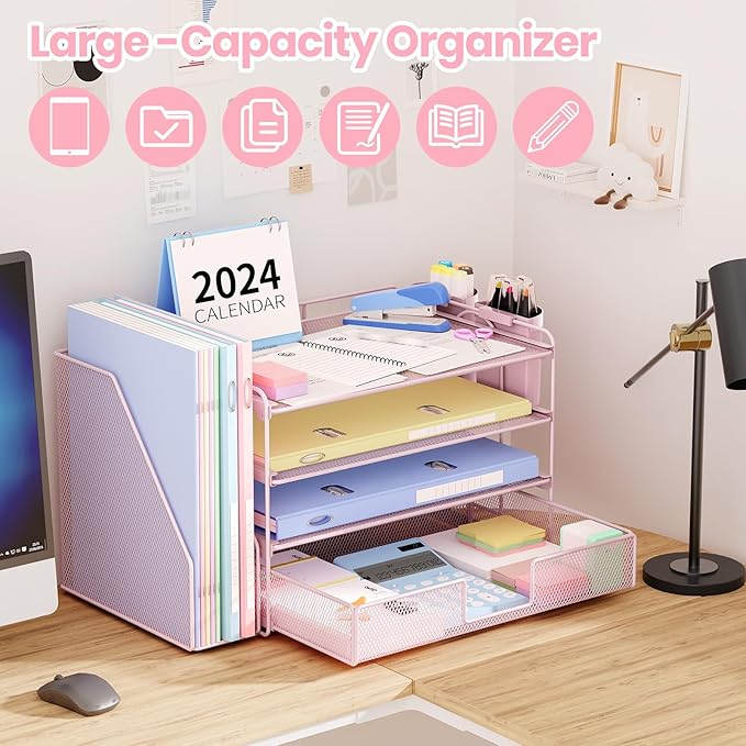 OPNICE Desk Organizer and Accessories, 4-Tier Desktop File Organizer with Drawer and 2 Pen Holders, Office Desk Accessories, File Sorters, Workspace Organizers for Office Supplies(Pink)
