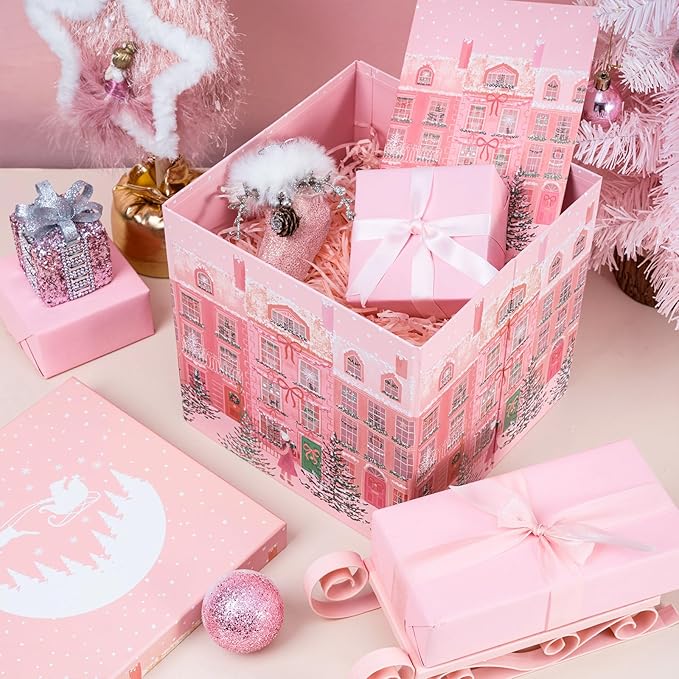 RUSPEPA Christmas Gift Box with Lid, Pink Holiday Townhouse Design with Santa Sleigh Lid, Medium Collapsible Holiday Box with Ribbon, Tissue Paper for Gift Wrapping, Candy Storage, 9x9x9 Inches, 1 Pcs