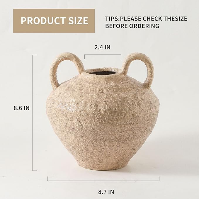 Ceramic Flower Vase, Large Farmhouse Vases Home Decor, Handmade Rustic Vase with Handles, Decorative Flower Vase for Home Entryway Living Room Dining Table Farmhouse Office Decor(8.6inch)