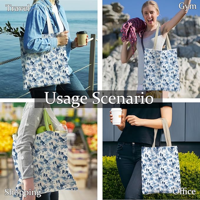 French Country Border Collie Tote Bag, Border Collie Gifts for Women, Blue and White Chinoiserie Dog Canvas Tote Bags for Women, Vintage Dog Reusable Grocery Shopping Bag