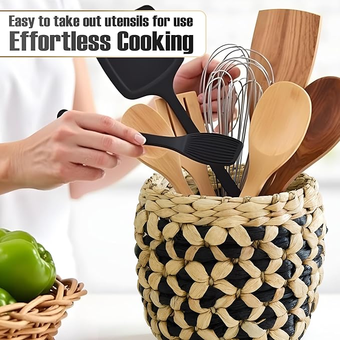 Kitchen Utensil Holder for Countertop – 7.1" Large Utensil Crock for Cooking Tools – Rustic Spatula Holder, Eco-Friendly Utensil Holder Counter – Water Hyacinth Utensils Organizer