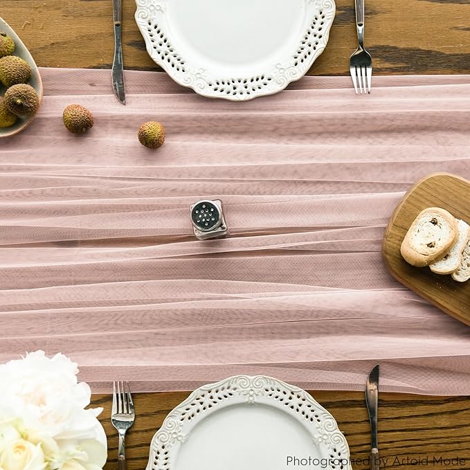 Artoid Mode 6PCS Dusty Rose Gauze Table Runner 120 Inch 10FT, Seasonal Sheer Kitchen Dining Holiday Wedding Birthday Baby Shower Table Decor for Home Party