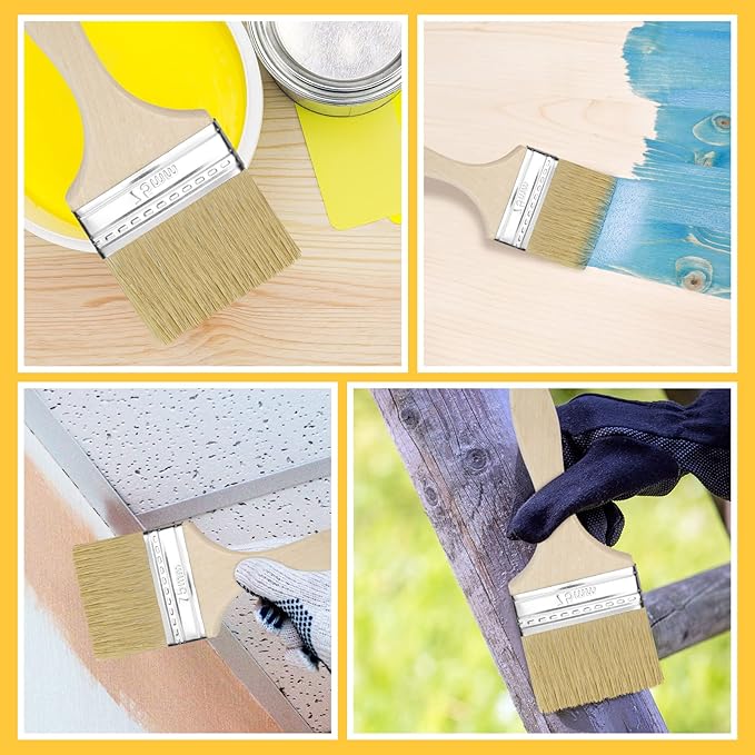 Remerry 96 Pcs 3 Inch Paint Brushes Bulk, Natural Bristle Chip Brushes with Wooden Handle, Flat Art Applicators for Wall, Furniture, Kids, Fences Details