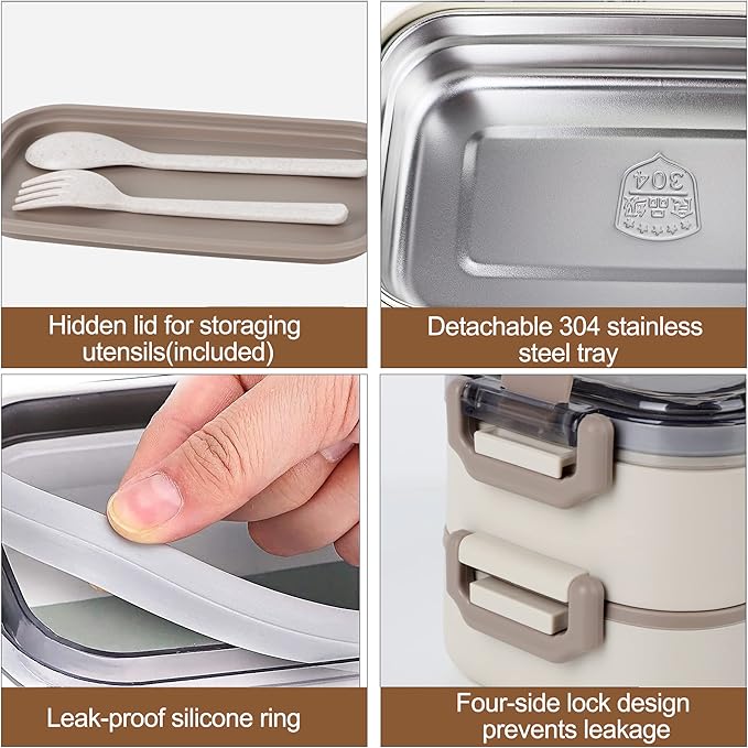 Stainless Steel Bento Box for Adults&Kids,Japanese Leakproof Lunch Box Divided Food Meal Storage Containers Set Stackable 2 Layer for Children School Picnic Beige