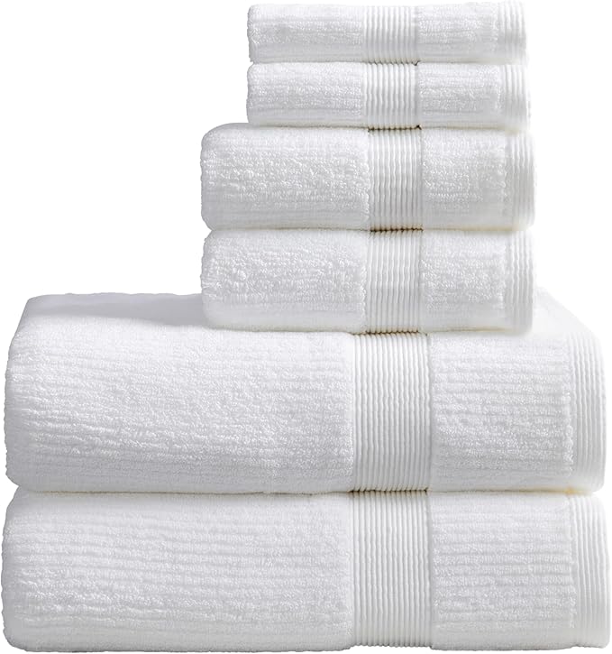 Springtree Home White Bath Towels Set of 6 | Ribbed Textured | 100% Combed Cotton | Absorbent Quick-Dry Towels for Bathroom | Oeko-TEX® Standard 100 Cotton | Mauro Collection - Bright White
