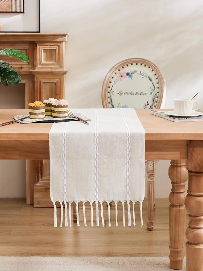Braided Farmhouse Table Runner, Braided Beige 13x90 Inch, Cotton Linen Table Runners 90 Inches Long, Embroidered Striped Beige Boho Table Runner Rustic Home Decor