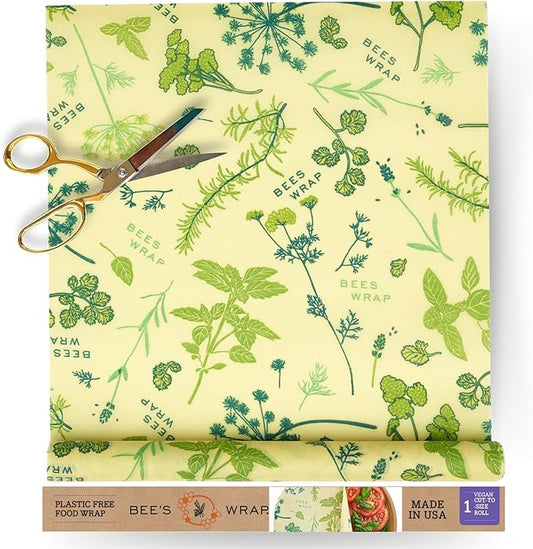 Bee's Wrap Vegan Beeswax Wraps for Food - Cut to Size 14x52" Wax Paper Roll - Made in USA Reusable Waxed Paper Bowl Covers, Organic Eco-Friendly Alternative to Aluminum Foil, Herb Garden