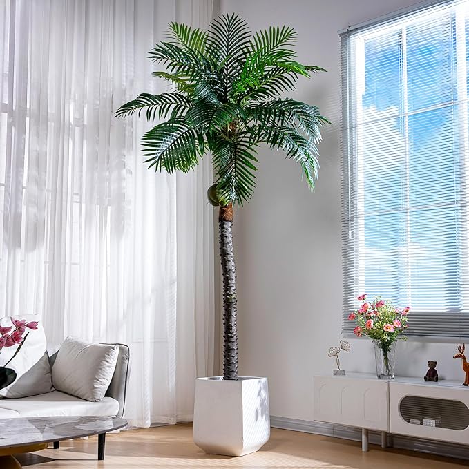 9.1FT Artificial Phoenix Palm Tree with Coconut Fruit Outdoor Indoor Decor Large Faux Coconut Silk Palm Tree Tropical Fake Tree Large Faux Sago Palm Plant for Home Yard Outside Patio Poolside