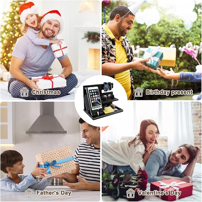 Gifts for Men Christmas, Wood Phone Docking Station, Mens Gifts for Birthday or Gifts for Dad Fathers Day, Desk Workspace Organizer Nightstand Organizer Key for Wallet & Watch Holder Husband Christmas