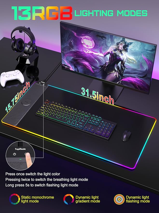 TopMade Mouse Pad with Wireless Charging, 31.5" x 15.75" Large Desk Mat RGB Gaming Mousepad, LED Desk Pad Keyboard Pad, Waterproof Desk Pad (Includes 20W PD Power Adapter & 6.56ft Woven Cable)