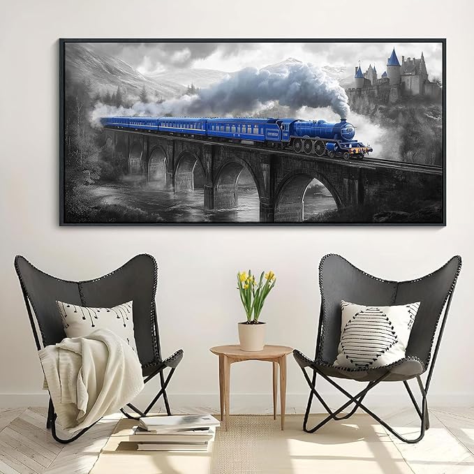 JEAWA Large Framed Canvas Painting - Blue White Gray Landscape Wall Art, Picture with Castle Bridge Train, Modern Art Prints for Living Room Bedroom Home Decoration, 29x58 IN