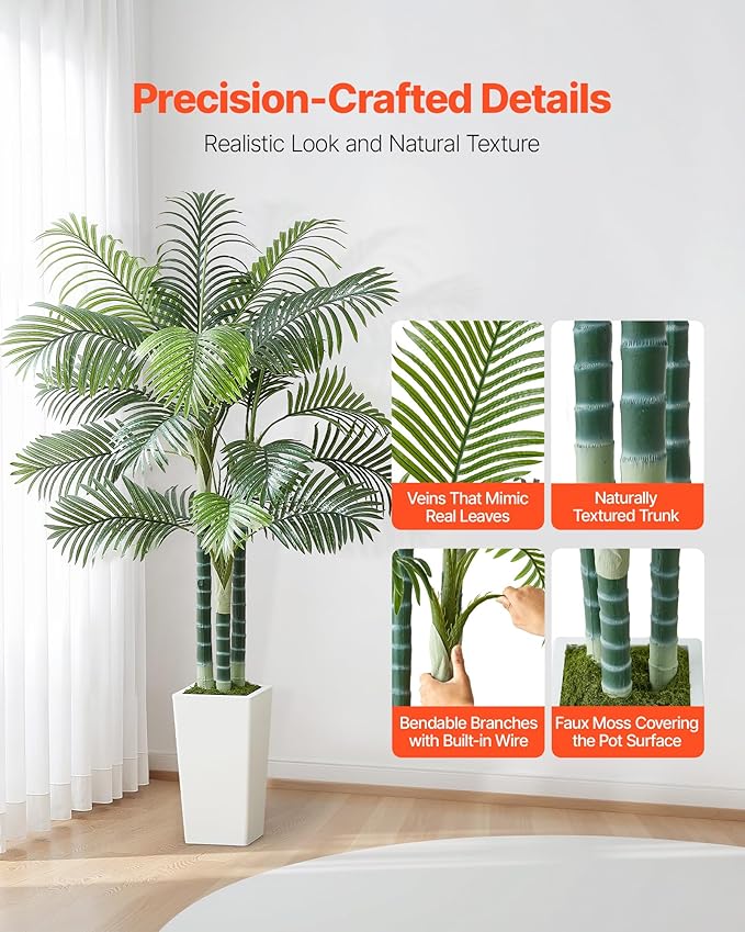 VEVOR Artificial Areca Palm Tree 6 ft, Fake Palm Tropical Plants with White Tall Planter, Faux Floor Silk Plant in Pot, Large Trees for Home Office Living Room Decor House Warming, Indoor Outdoor