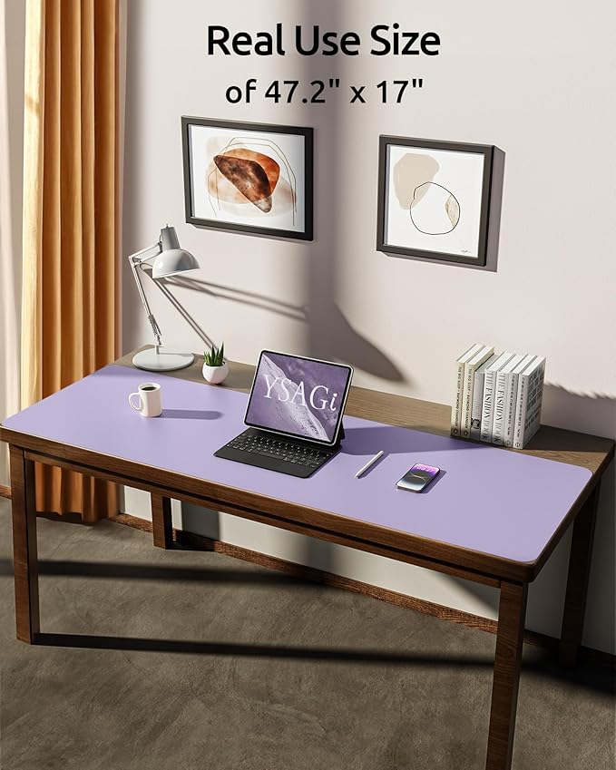 YSAGi Leather Desk Pad Protector, Office Desk Mat, Large Mouse Pad, Non-Slip PU Leather Desk Blotter, Laptop Desk Pad, Waterproof Desk Writing Pad for Office and Home (Light Purple, 47" x 17")