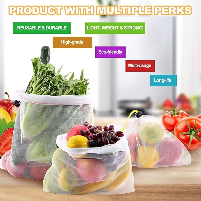 20 Pack Reusable Produce Bags, Washable Produce Mesh Bags, Durable Vegetable Fruits Bag, See-Through Toy Storage Mesh Bag with Drawstring for Fruits Vegetables Fridge Storage Toys, 3 Sizes