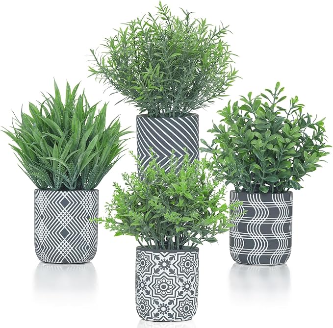 4 Pack Small Fake Plants, Fake Grass Plant, Artificial Boxwood & Rosemary, Lavender with Geometric Pattern Cement Pots, Small Potted Faux Greenery for Home Decor, Office, Indoor&Outdoor Decor