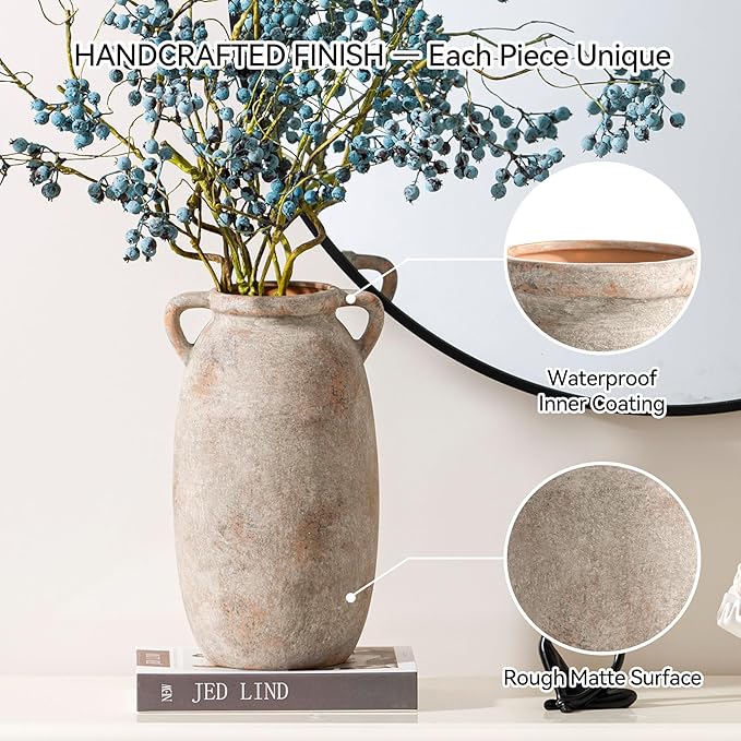 Ceramic Flower Vase 12 inch Farmhouse Rustic Vase Decorative Pottery Terracotta Tall Vases for Home Decor Table Mantle Fireplace Living Room Bathroom Wedding Centerpiece (Large-Terracota)