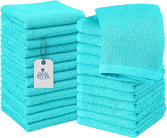 DAN RIVER 100% Cotton Wash Cloths 24 Pack [12x12] Soft & Absorbent Bath washcloths, Gym, Hotels & Spa Perfect for Everyday Use Fingertip Towels, Turquoise