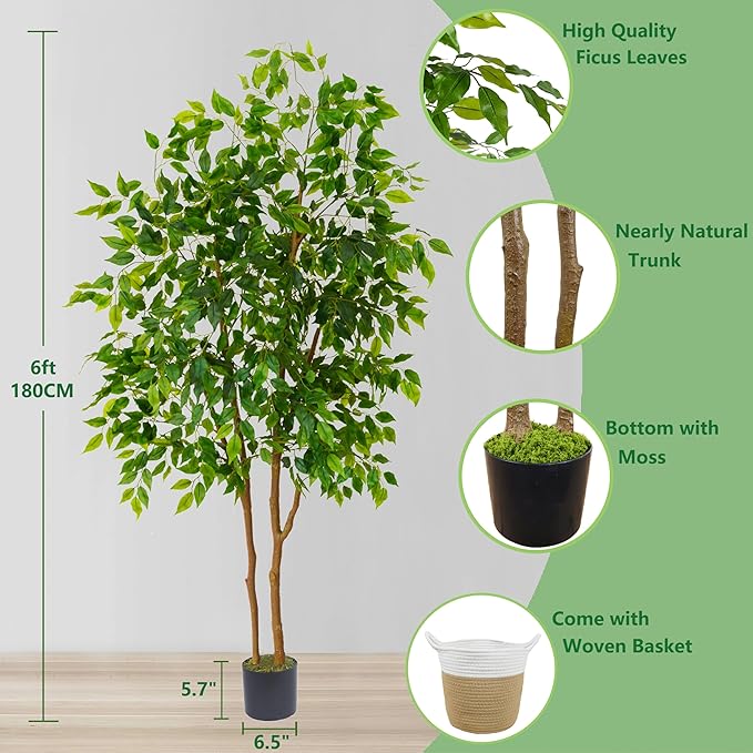 Artificial Ficus Tree, 6ft Tall Fake Ficus Tree with Basket, Faux Plant for Indoor Outdoor Home Livingroom Office Garden Porch Décor