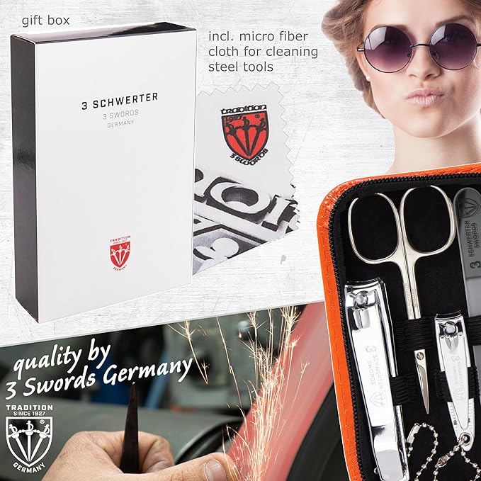 3 Swords Germany - brand quality 8 piece manicure pedicure grooming kit set synthetic leather case orange - Made in Germany
