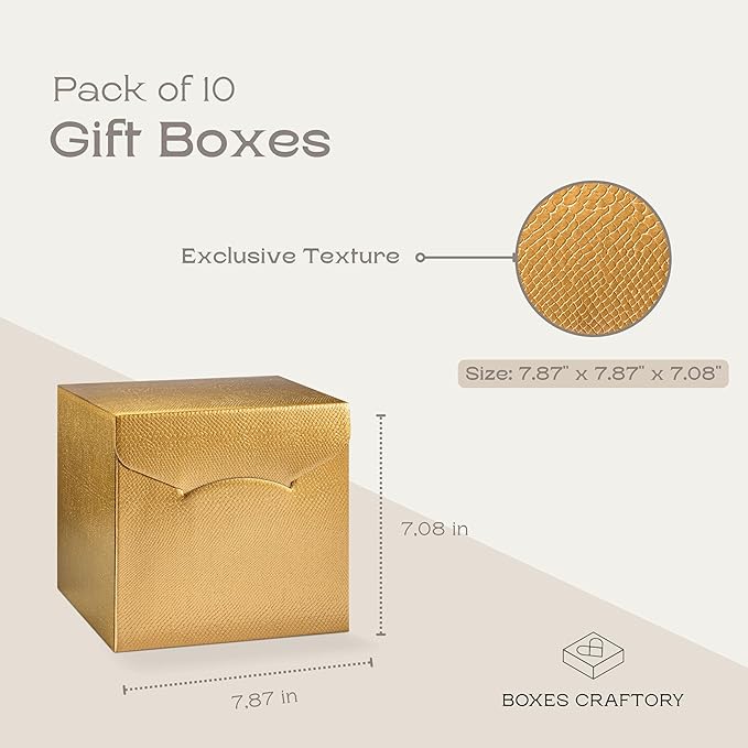 Set of 10 Gift Boxes (7.87 x 7.87 x 7.08 inch) - Ideal for Presents, Bridesmaid Proposal and Graduation - Gold