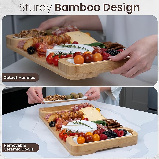 Bambüsi Personalized Charcuterie Board Gift Set - Cheese Board & Serving Tray - Large Bamboo Charcuterie Boards - Unique Elegant Housewarming Gifts New Home, Wedding Gifts, Natural
