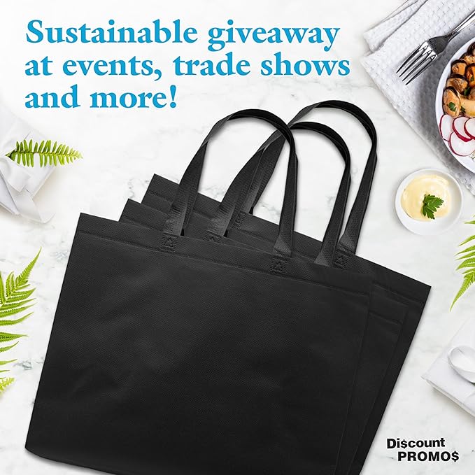 DISCOUNT PROMOS Jumbo Sized Tote Bags Set of 10, Bulk Pack - Reusable Grocery Bags, Shopping Bags, Promotional Item Totes for Women - Black