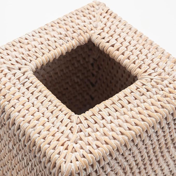 2 Pack Rattan Tissue Box Cover Square, Wicker Tissue Box Holder, Decorative Woven Facial Tissue Holder for Bathroom, Kitchen, Living Room, Bedroom (5.5 x 5.5 x 5.7 inch, Whitewash)