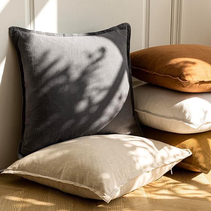 Foindtower Pack of 2, Decorative Linen Soild Throw Pillow Covers Soft Accent Square Cushion Case Boho Farmhouse Pillowcase for Chair Couch Sofa Bedroom Living Room Home Decor 20 x 20 Inch Grey