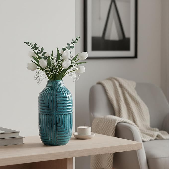 hjn Tea Ceramic Vase- Modern Decor Vases for Living Room/Bookshelf/Mantel/Home Decor Accents - Teal texture-Large-10.6" H