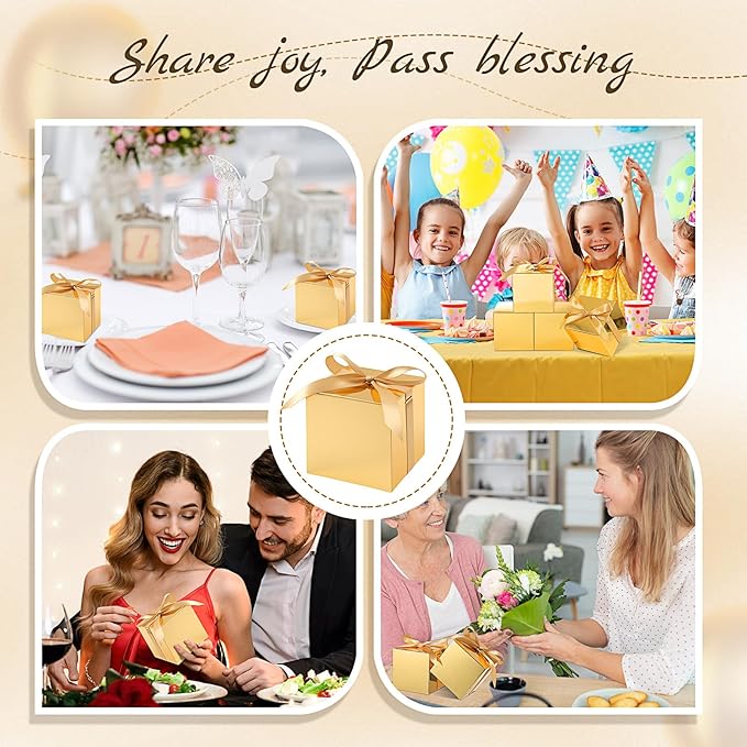 48 Pcs Christmas Gift Boxes with Ribbon Small Party Favor Boxes with Lids Mini Treat Candy Container for Wedding, Party, Birthday, Valentine's Day and More(Gold,4 Inch)