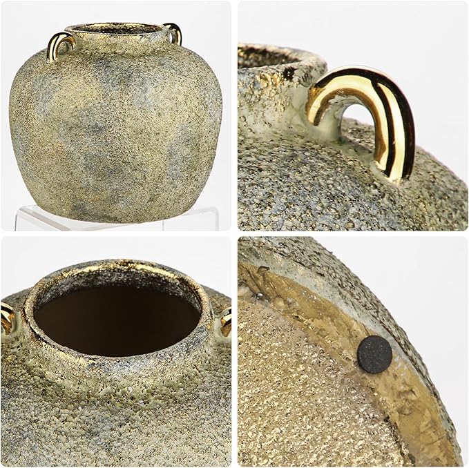 7.9" Vintage Farmhouse Vase, Rustic Ceramic Flower Vase with 2 Ears, Electroplated Terracotta Boho Vases Decor, Decorative Vases for Home Decor, Living Room, Mantel, Entryway, Wedding, Tabletop Decor