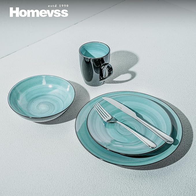 Sonoma 16 Piece Stoneware Dinner Set, Outside Black + Inside Handpainted Color Turquoise with speckle