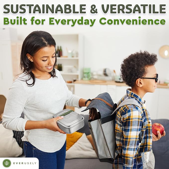 Everusely - Bento Box - Sage, 60oz / 1.8 L - Stainless Steel Lunch Box with Leakproof Condiment Container - 3 Compartment Snack Organizer for On the Go Meals - Freezer & Dishwasher Safe