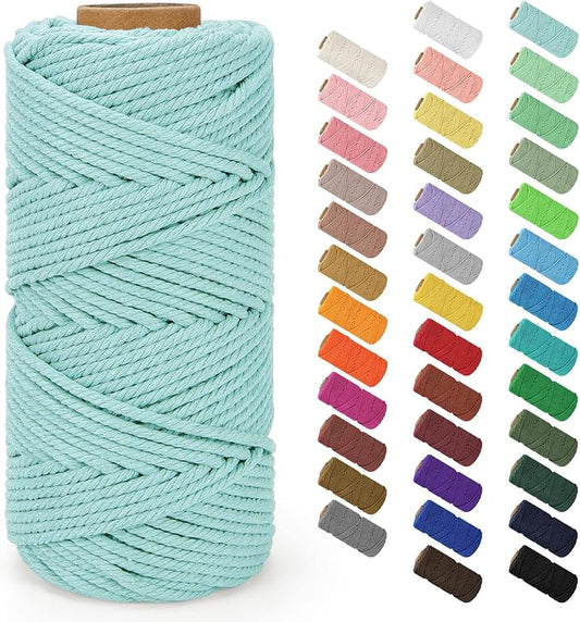 Macrame Cord 4mm x 109Yards (328Feet), Natural Cotton Macrame Rope - 4 Strands Twisted Macrame Cotton Cord for Wall Hanging, Plant Hangers, Crafts, Gift Wrapping and Wedding Decorations, Light Blue