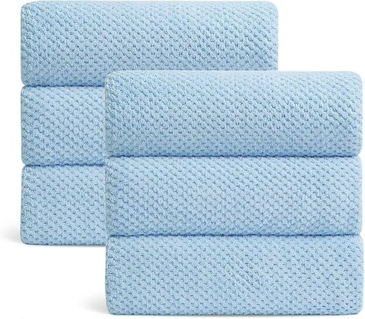 Ultra Soft Towel Set of 6, Blue Microfiber Big Bath Towel Sheets 28x55 Inches, Luxury Plush Towels- Waffle Weave Design,Highly Absorbent,Quick Dry,Premium Quality Towel Set for Bathroom