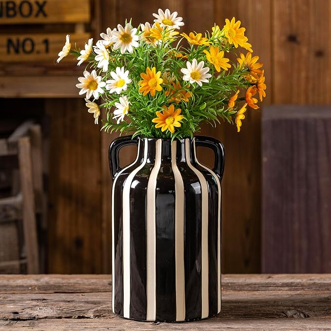 Black and White Vase with Handles, Ceramic Modern Flower Decorative Vases for Home Decor, Mantle, Rustic Table Centerpiece, Large Vases for Decor Living Room, Black Stripes Vase for Bouquet 9.1 in