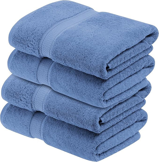 BNM Egyptian Cotton Heavyweight Towels, Ideal for Bathroom, Shower, Spa, 800 GSM Bath Towels, Highly-Absorbent, Luxury Bathroom Essentials, Soft Plush Home Basics, Bath Towel Set of 4, Denim Blue