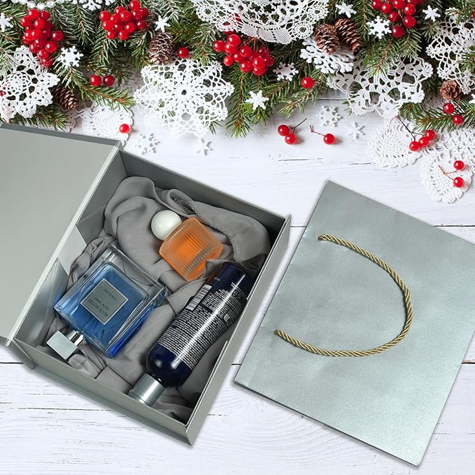 Elegant Gift Boxes with Gift Bag for Presents with Lids Magnetic Closure Rectangle Collapsible for Christmas, Halloween, Birthday,Valentine's Day's Gift Packging (Silver)