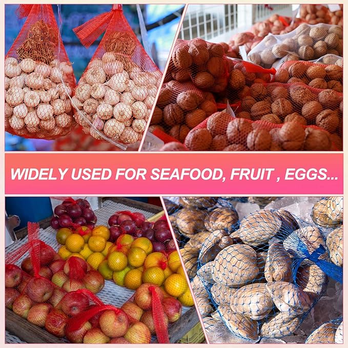 uxcell 100PCS Reusable Mesh Produce Bags, 13.8 Inches Egg Hatching Bags Washable Breathable Fruit Net Stretchable Mesh Netting Storage for Seafood Vegetable Onion Grocery Shopping, Red