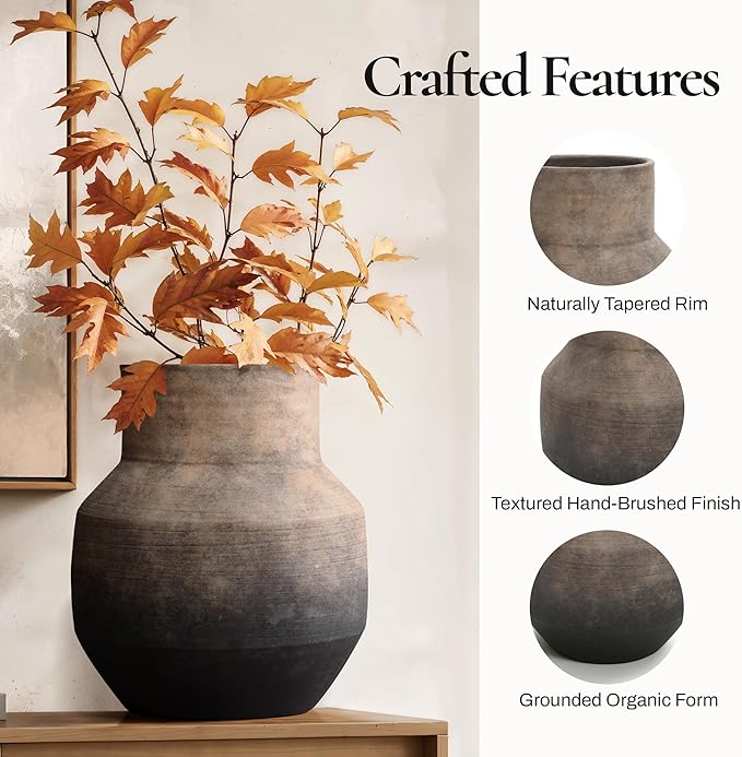LuxenHome Round Ceramic Flower Vase, 13 Inch Brown Terracotta Vases, Vintage Large Pottery for Living Room Decor Entry Way Table Home Decor, Rustic Pottery