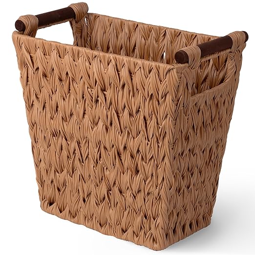 GRANNY SAYS Bathroom Wastebasket, Caramel Orange Woven Trash Can with Handles, Waterproof Wicker Waste Basket for Office, 1-Pack, 13" x 7 ½" x 12 ½"