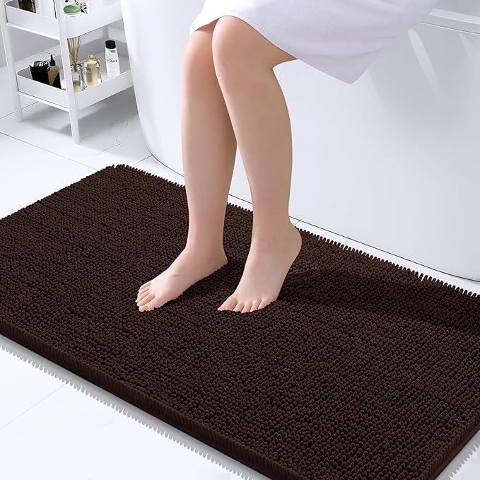 OLANLY Bathroom Rugs 40x24, Extra Soft Absorbent Chenille Bath Rugs, Rubber Backing Quick Dry, Machine Washable Bath Mats for Bathroom Floor, Tub and Shower, Home Decor Accessories, Brown