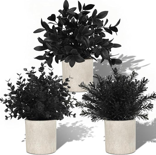Der Rose 3 Pack Black Fake Plants Artificial Eucalyptus Plants Topiaries for Halloween Decorations Bathroom Accessories Home Office Desk Farmhouse Room Table Shelf Decor(Black)