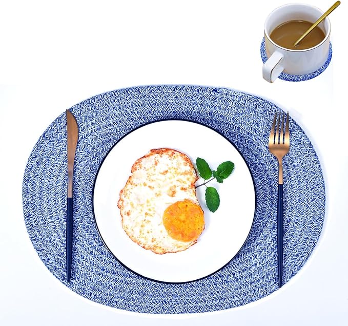 4 Pack Oval Woven Placemats, Mixed Blue Cotton Plate Chargers with 4 Pack Round Coasters, Thick Heat Insulation Mats Household Table Mats Braided Bowl Mats Fabric Rustic Placemats for Dining