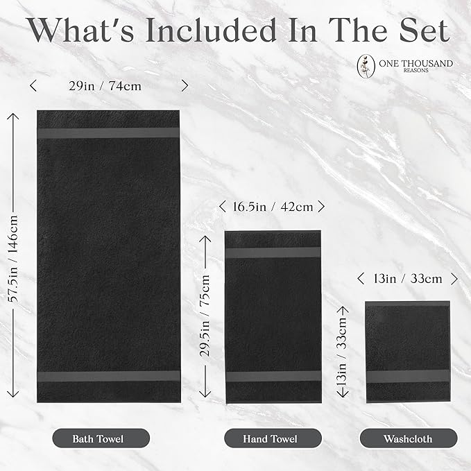Premium Staple Cotton Bathroom Towel Set - Black 600 GSM 6-Piece Luxury Bath Towel Set 1 Stripe - 2 Bath Towels, 2 Hand Towels & 2 Washclothes Set - High Absorbent & Quick Dry for Gym, Spa, Hotel