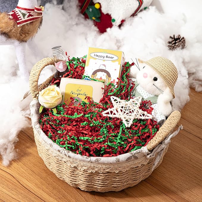 Mefleet 2 LB Crinkle Cut Paper Shred Filler Green & Red Crinkle Shredded Paper for Gift Box - Gift Basket Bag Filler - Grass Cushion Stuffing for Christmas Holiday Packaging Wrapping