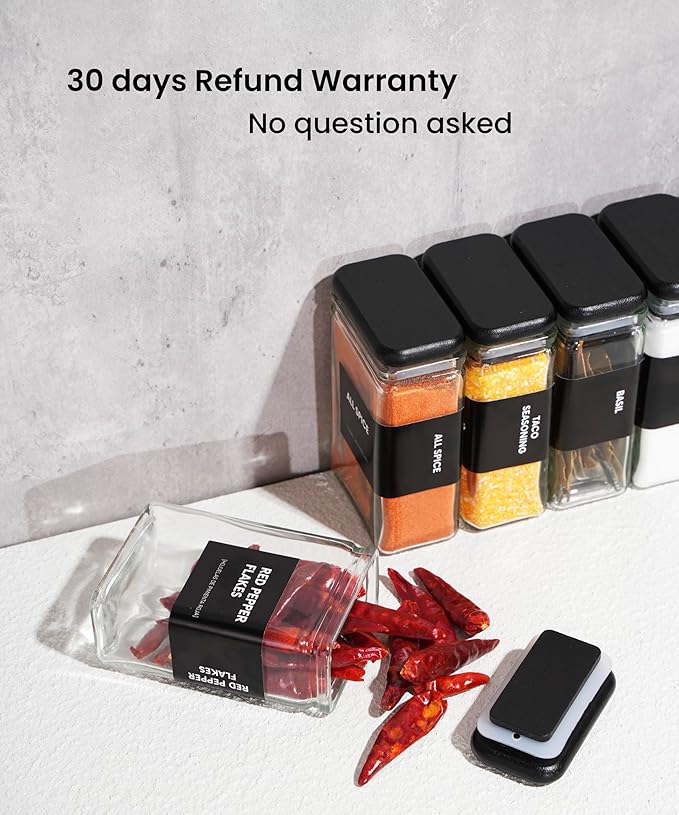 APT 1101 Glass Square Spice Jars with Labels, 4oz Glass Jars with Bamboo Lids, Spice Bottles, Seasoning Organizer, 12 Pack (Black)