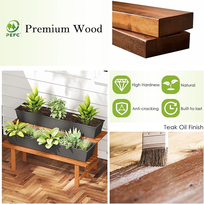 Giantex 2 Tier Wood Plant Stand, Ladder Plant Shelf for Multiple Potted Plants with Teak Oil Finish, Indoor & Outdoor Flower Pot Holder, Corner Display Rack for Balcony, Living Room, Garden